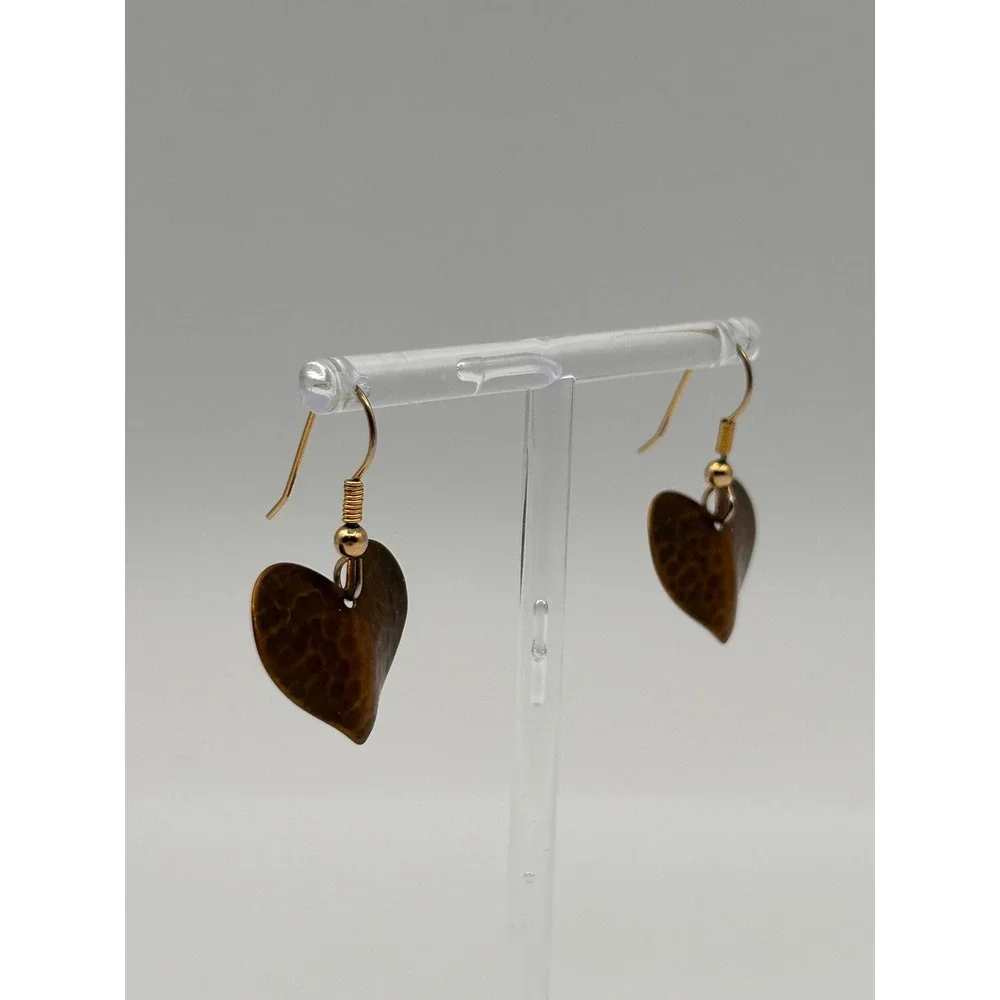 Hammered Copper Heart Drop Earrings Rustic Boho Dangle Gold Tone Hooks